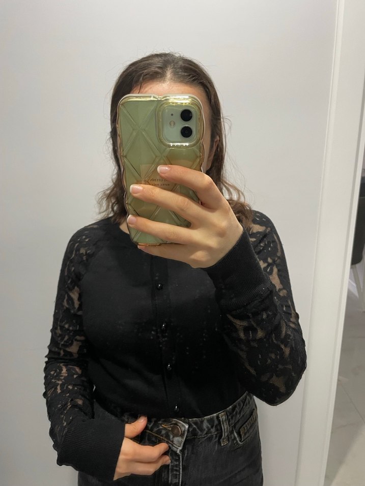 Dantel Kollu Siyah Kadın Hırka - Görsel 4