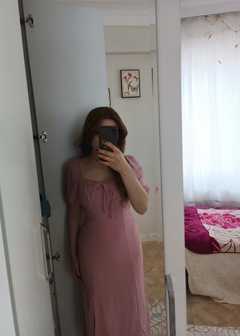 Pembe V Yaka Midi Elbise - Görsel 2