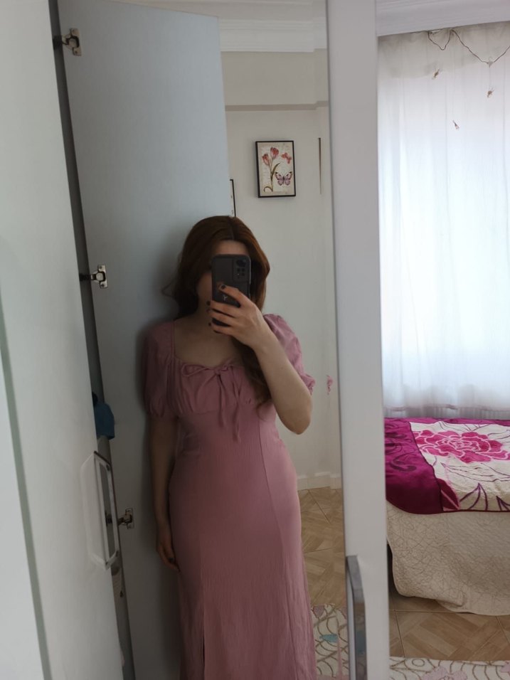 Pembe V Yaka Midi Elbise - Görsel 2