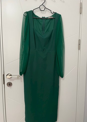 Uzun Kol Drapeli Yeşil Kadın Elbise - Görsel 3