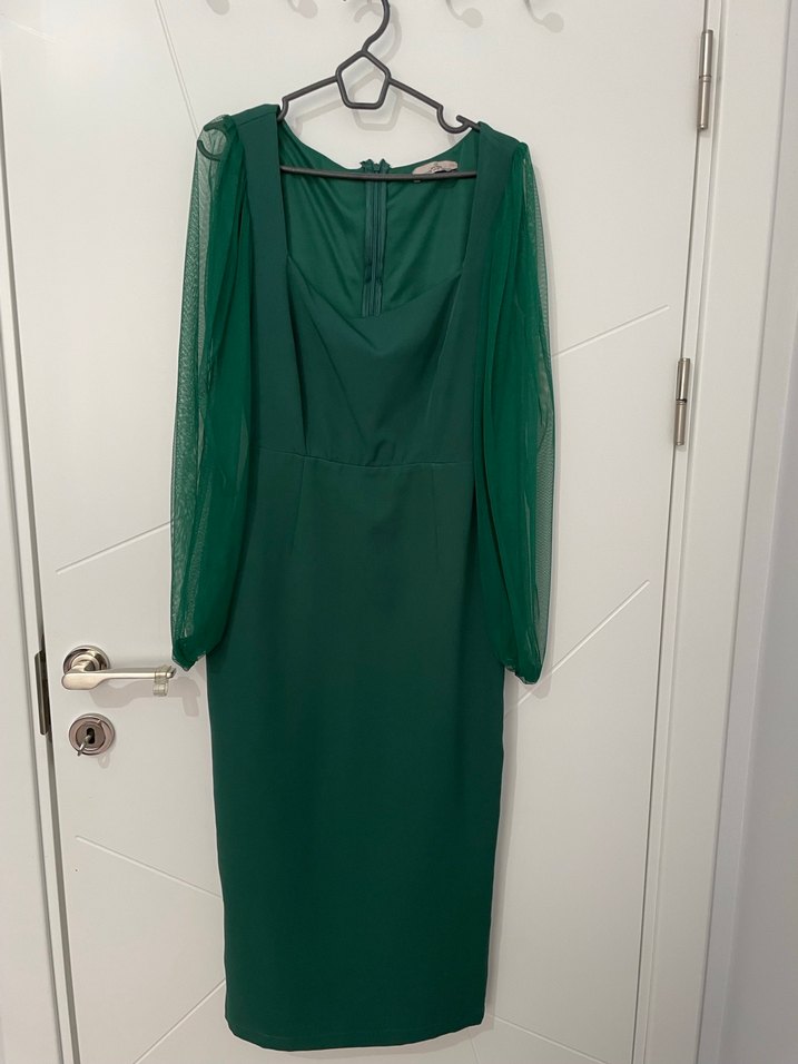 Uzun Kol Drapeli Yeşil Kadın Elbise - Görsel 4