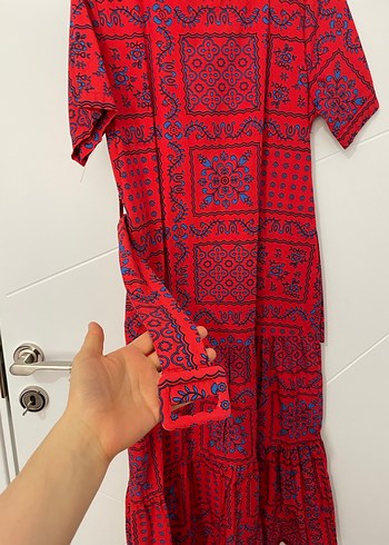 Bohem Renkli Uzun Kırmızı Elbise - Görsel 3