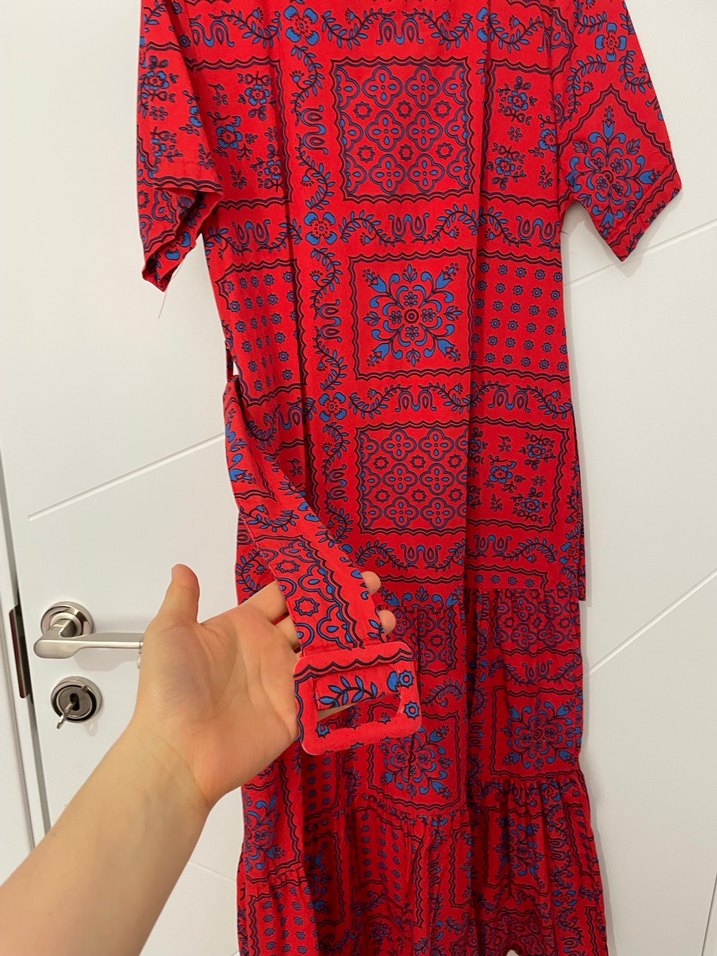 Bohem Renkli Uzun Kırmızı Elbise - Görsel 3