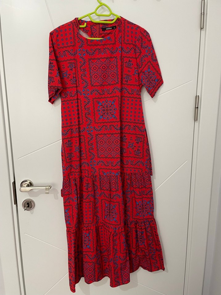 Bohem Renkli Uzun Kırmızı Elbise - Görsel 2