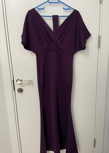 Mor Uzun V Yaka Drapeli Kadın Abiye Elbise - Görsel 2