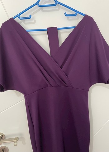 Mor Uzun V Yaka Drapeli Kadın Abiye Elbise - Görsel 4