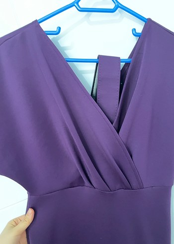 Mor Uzun V Yaka Drapeli Kadın Abiye Elbise - Görsel 8