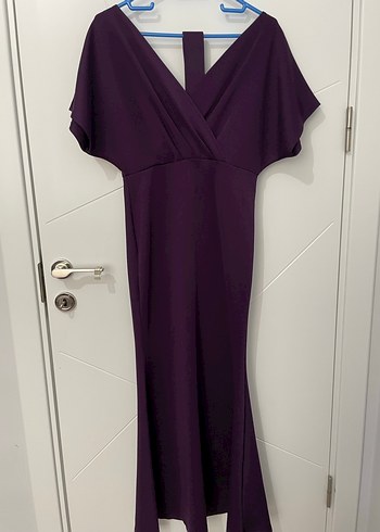 Mor Uzun V Yaka Drapeli Kadın Abiye Elbise - Görsel 3
