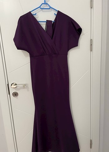 Mor Uzun V Yaka Drapeli Kadın Abiye Elbise - Görsel 7