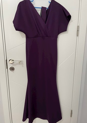 Mor Uzun V Yaka Drapeli Kadın Abiye Elbise - Görsel 6