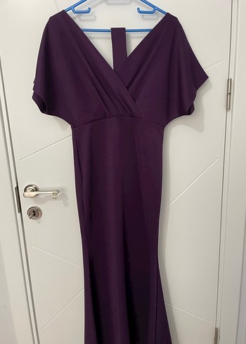 Mor Uzun V Yaka Drapeli Kadın Abiye Elbise - Görsel 5