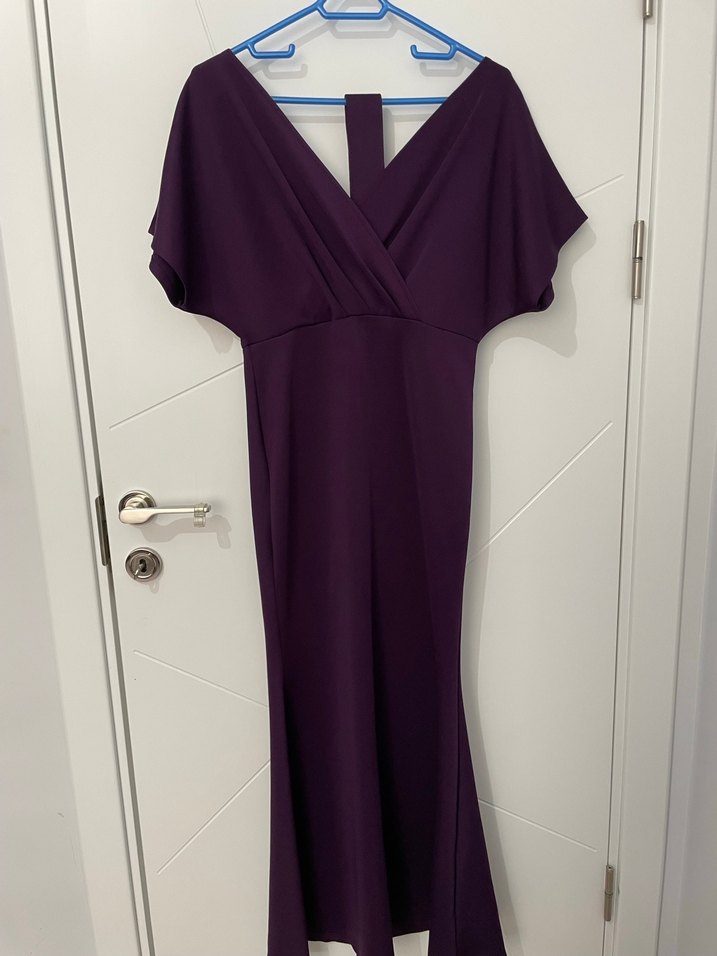 Mor Uzun V Yaka Drapeli Kadın Abiye Elbise - Görsel 2