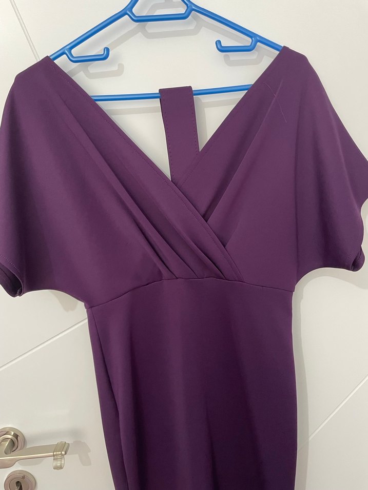 Mor Uzun V Yaka Drapeli Kadın Abiye Elbise - Görsel 4