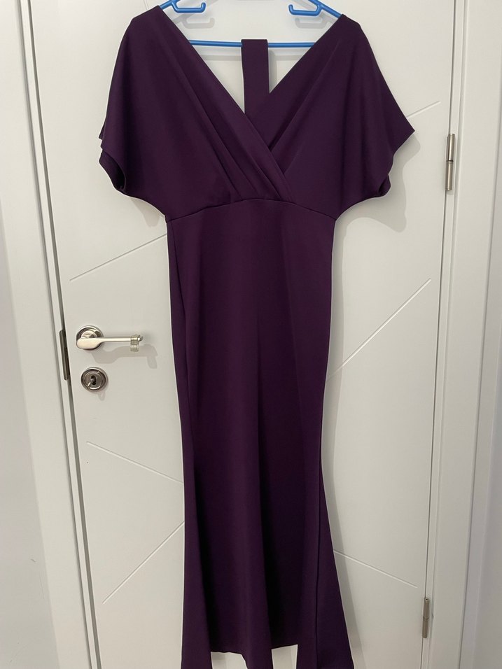 Mor Uzun V Yaka Drapeli Kadın Abiye Elbise - Görsel 3