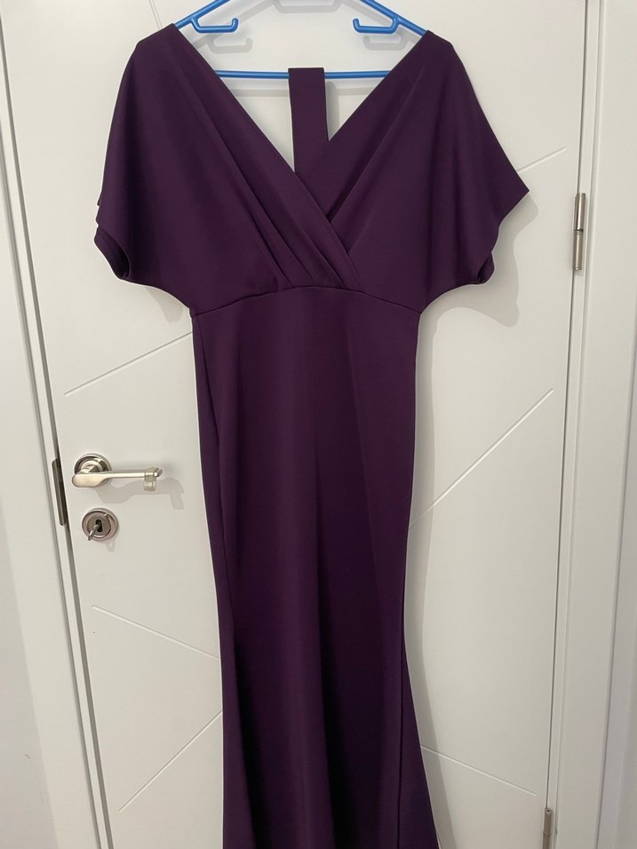 Mor Uzun V Yaka Drapeli Kadın Abiye Elbise - Görsel 5