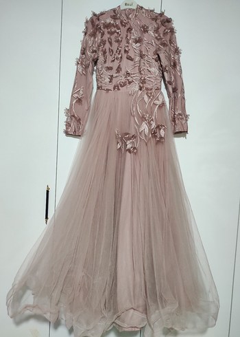 Uzun Kollu İşlemeli Pembe Abiye Elbise - Görsel 5