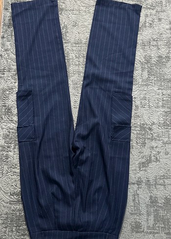 Çizgili Lacivert Kadın kumaş pantolon - Görsel 5