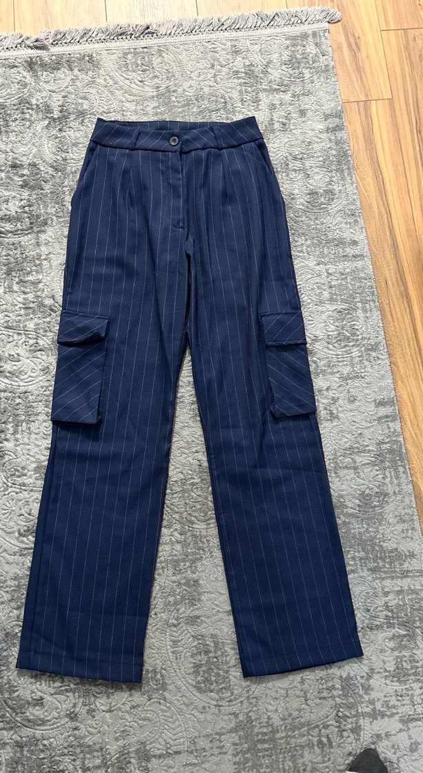 Çizgili Lacivert Kadın kumaş pantolon - Görsel 2