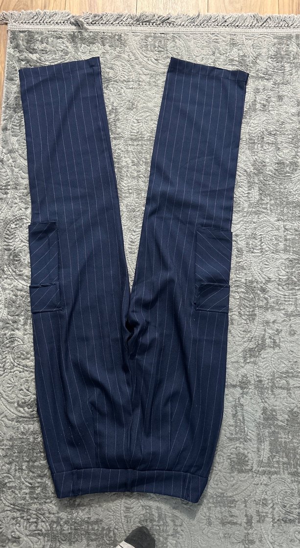 Çizgili Lacivert Kadın kumaş pantolon - Görsel 5