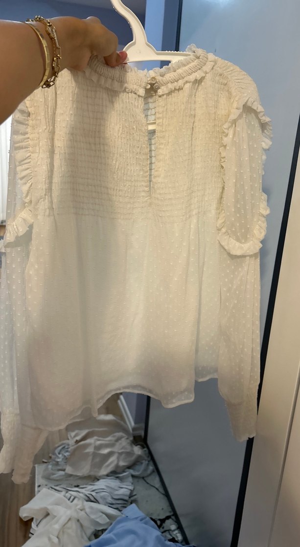 Uzun Kollu Fırfırlı Beyaz Bohem Bluz - Görsel 4