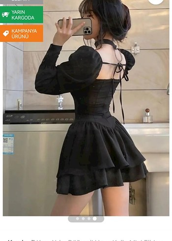 Düğmeli Siyah Kadın Mini Elbise - Görsel 2