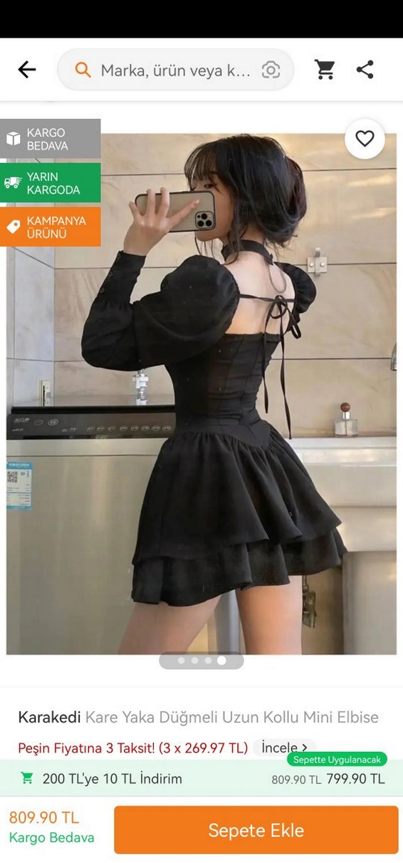 Düğmeli Siyah Kadın Mini Elbise - Görsel 2