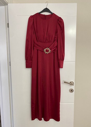 Bordo Uzun Kollu Kemerli Uzun Elbise