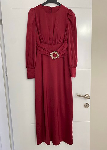 Diğer Bordo Uzun Kollu Kemerli Uzun Elbise