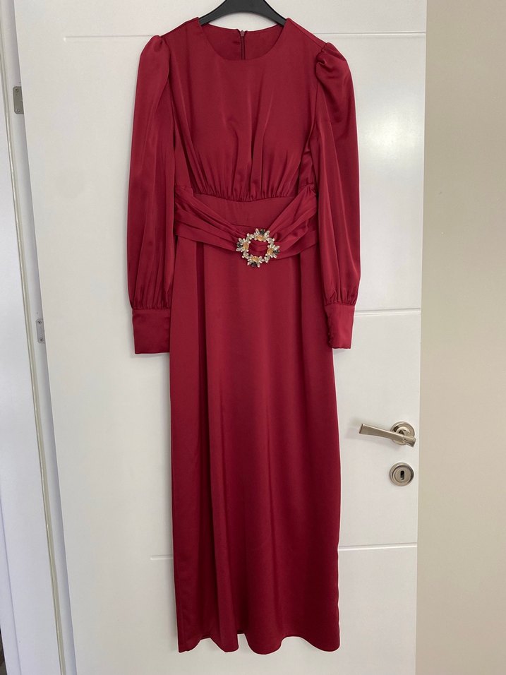 Bordo Uzun Kollu Kemerli Uzun Elbise - Görsel 2