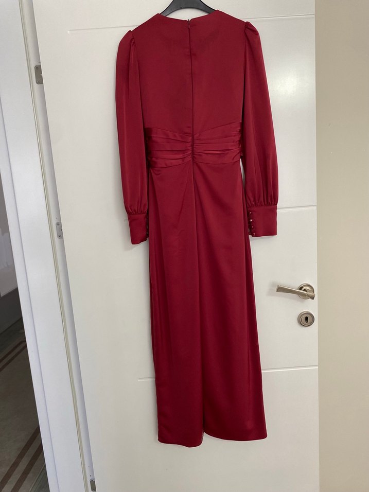 Bordo Uzun Kollu Kemerli Uzun Elbise - Görsel 3