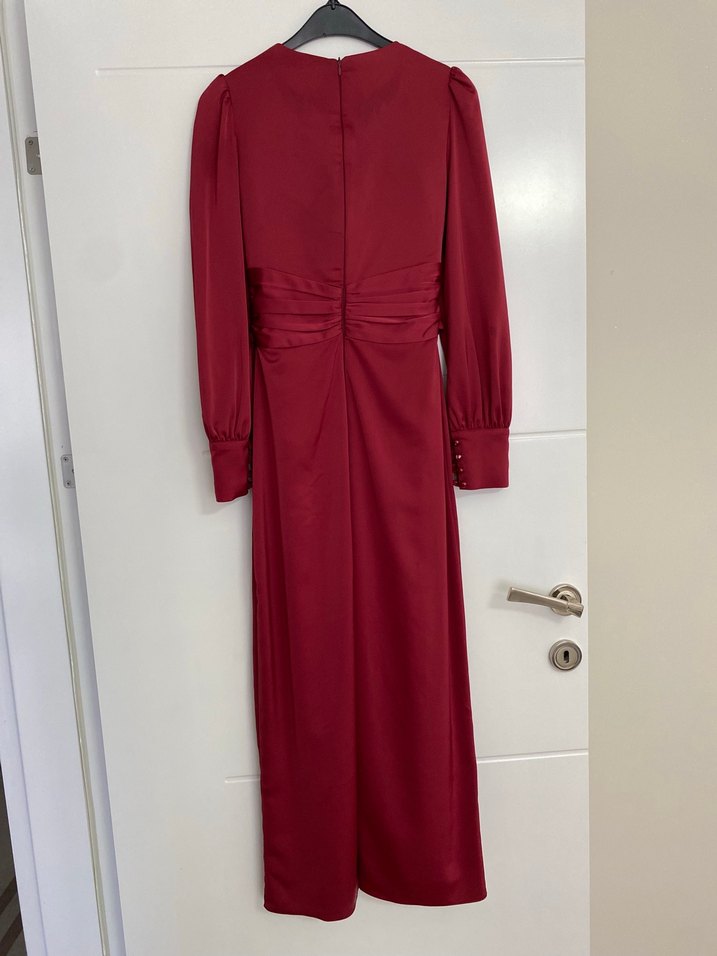 Bordo Uzun Kollu Kemerli Uzun Elbise - Görsel 4