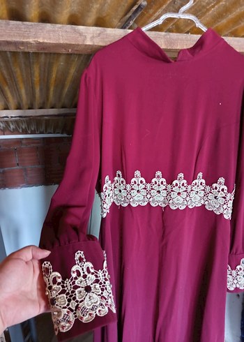 46 Beden Bordo İşlemeli Uzun Kollu Uzun Elbise