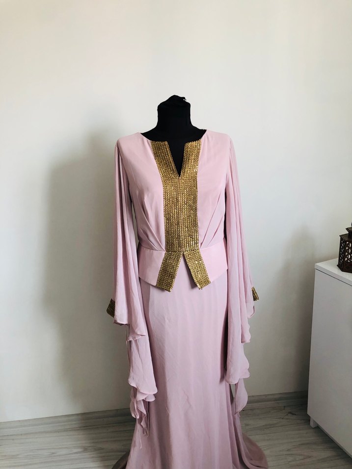 Pudra Pembe Altın Detaylı Uzun Abiye — görsel 6/12