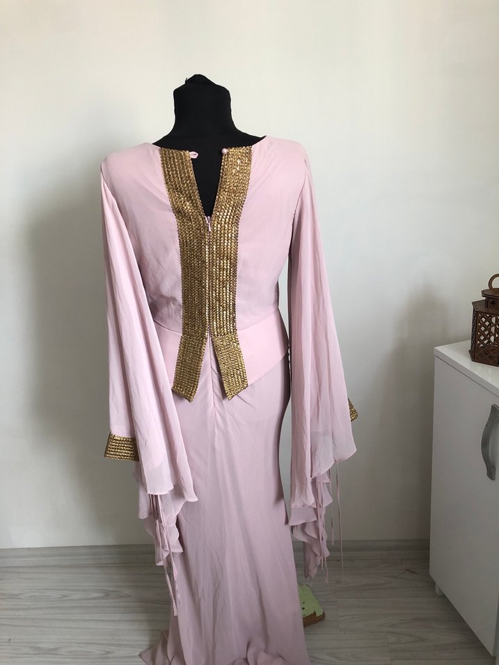 Pudra Pembe Altın Detaylı Uzun Abiye — görsel 9/12