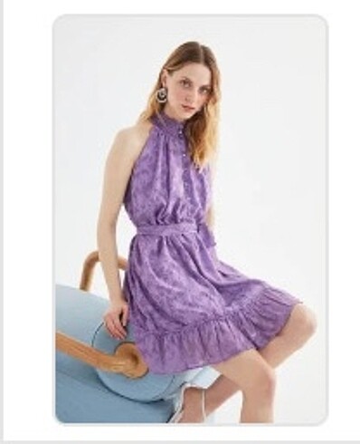 Trendyol milla lila kuşaklı dokulu elbise