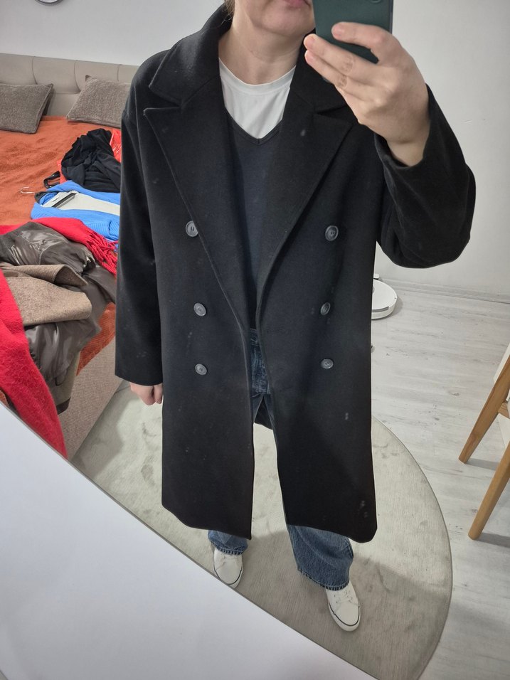 Siyah Çift Düğmeli Uzun Kaban - Görsel 2