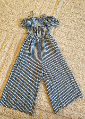 Gri Mavi Çizgili Volanlı Uzun Kadın Tulum - Görsel 2