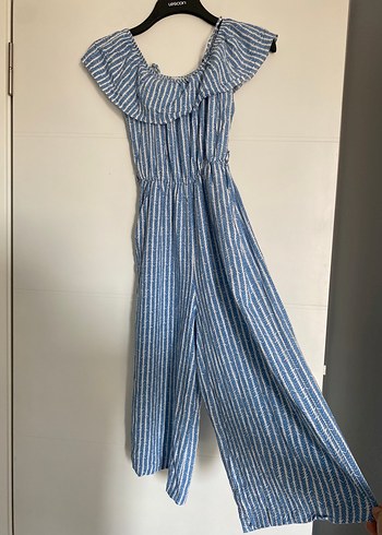 36 Beden Mavi Pilili Bohem Uzun Denim Tulum
