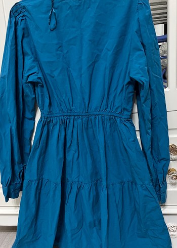 Mavi V Yaka Uzun Kollu Salaş Midi Elbise - Görsel 5