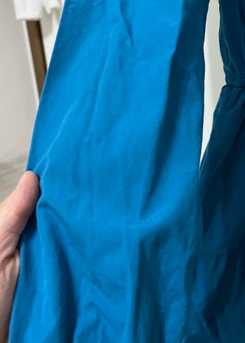 Mavi V Yaka Uzun Kollu Salaş Midi Elbise - Görsel 4