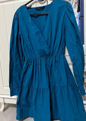 Mavi V Yaka Uzun Kollu Salaş Midi Elbise - Görsel 2