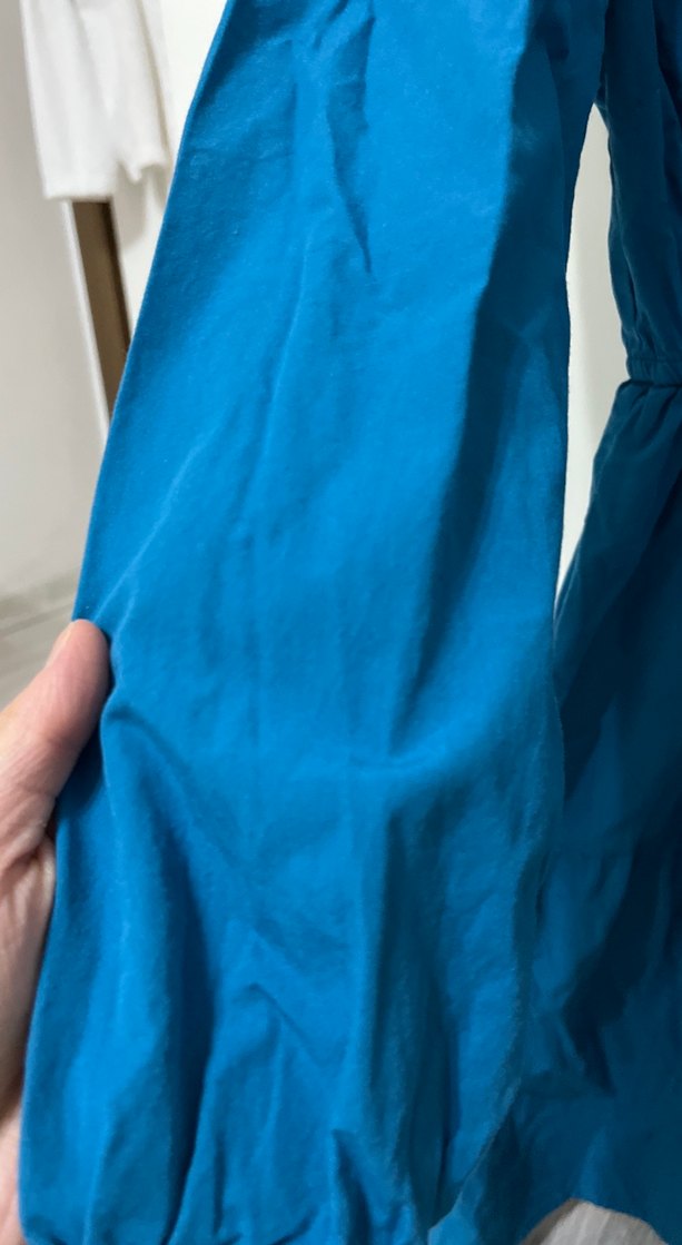 Mavi V Yaka Uzun Kollu Salaş Midi Elbise - Görsel 4