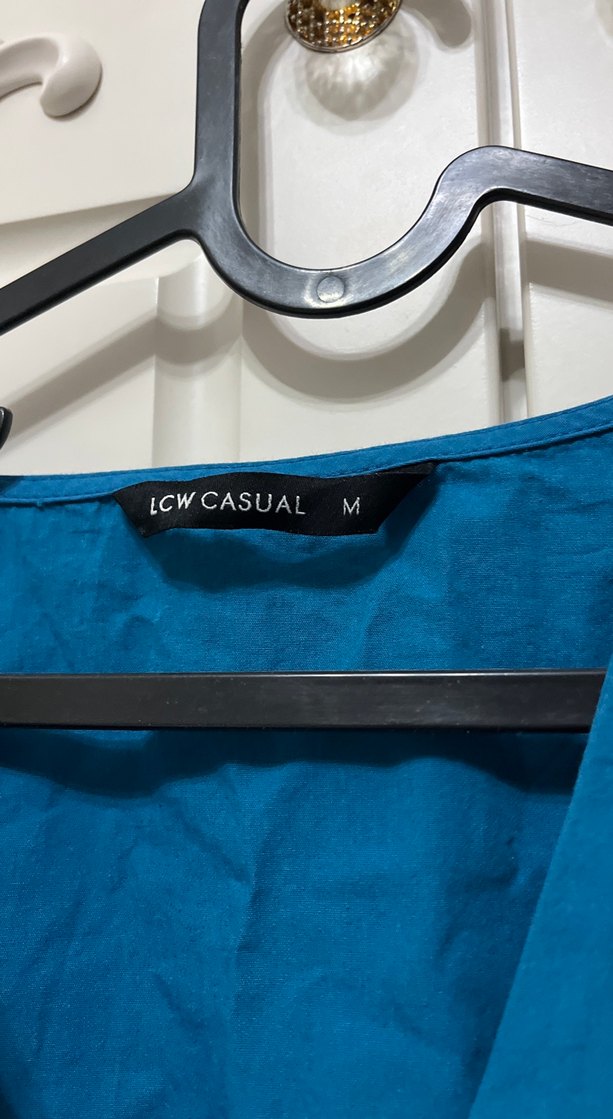 Mavi V Yaka Uzun Kollu Salaş Midi Elbise - Görsel 3