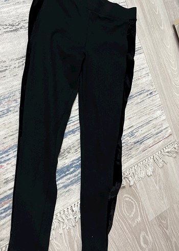 Siyah Midi Kadın Tayt - Ofis Şıklığı yanları parlak süvet - Görsel 2