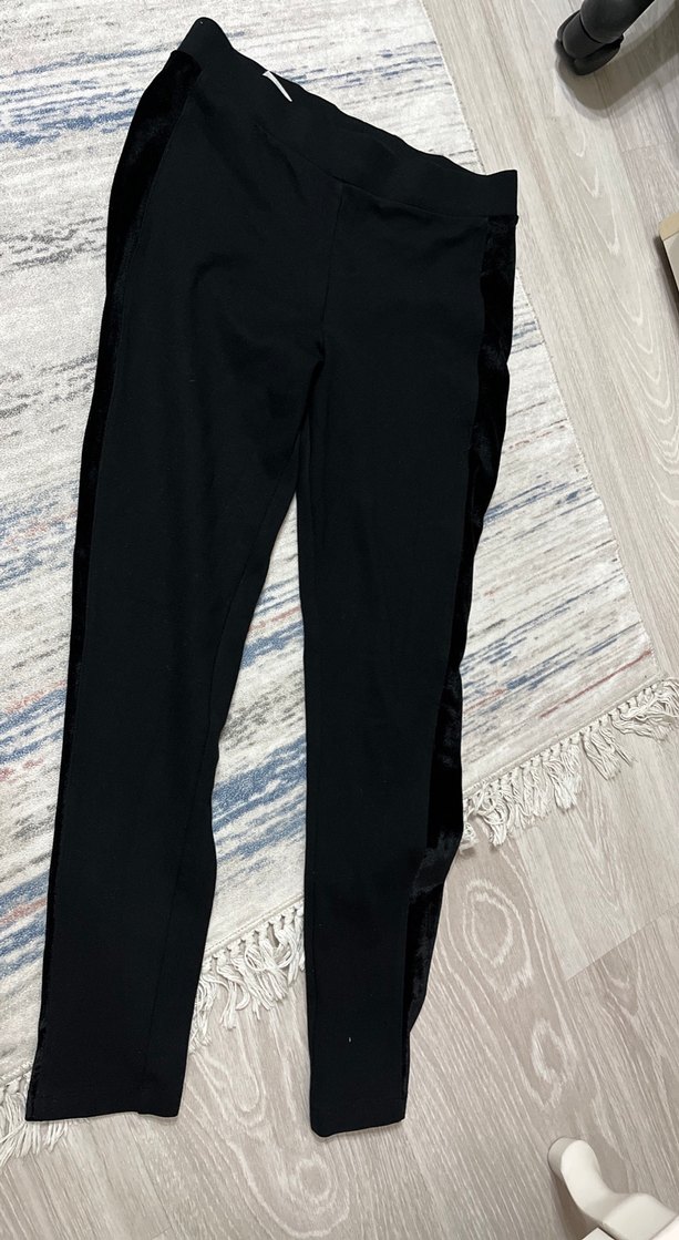 Siyah Midi Kadın Tayt - Ofis Şıklığı yanları parlak süvet - Görsel 2