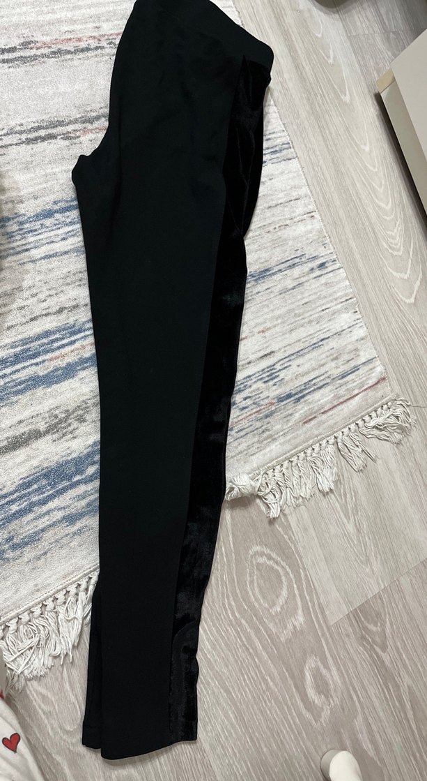 Siyah Midi Kadın Tayt - Ofis Şıklığı yanları parlak süvet - Görsel 3