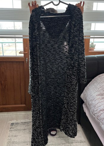 Uzun Gri Örgü Kadın Hırka - Görsel 3