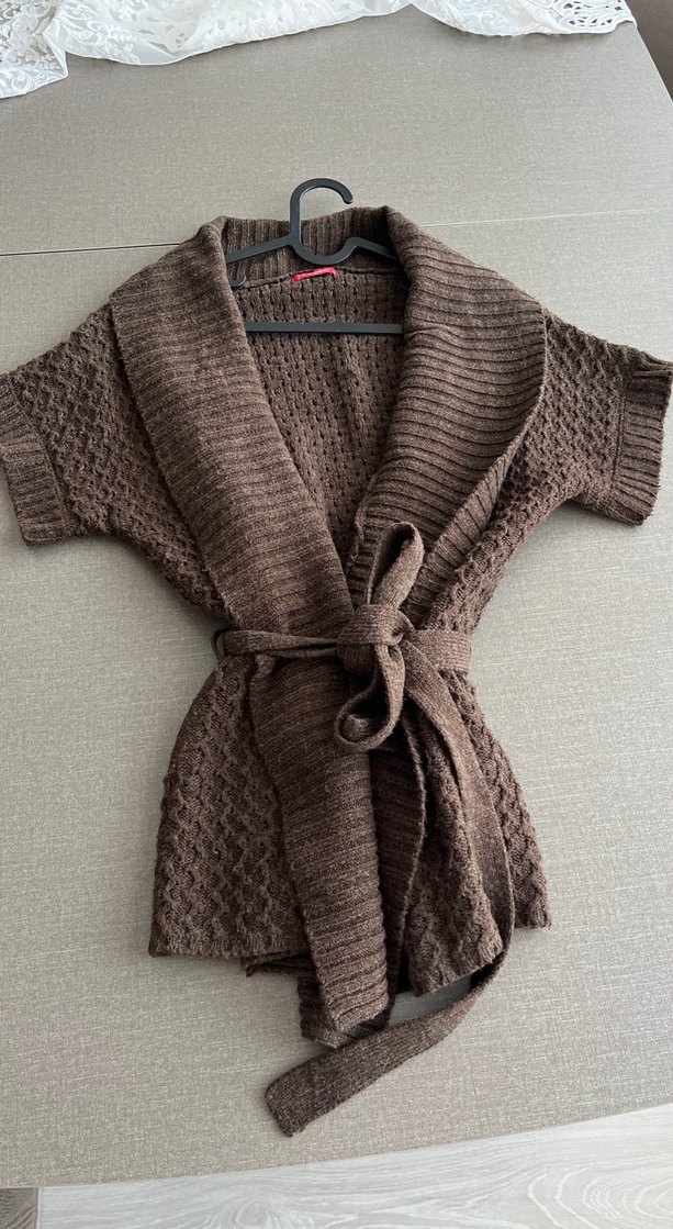 Kahverengi Örgü Bohem V-Yaka Hırka - Görsel 2