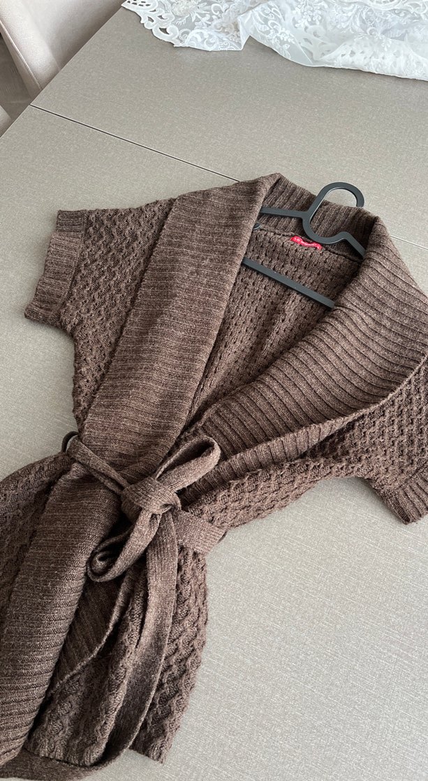 Kahverengi Örgü Bohem V-Yaka Hırka - Görsel 5