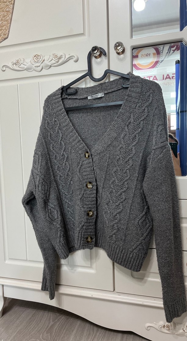 Gri Örgü Kadın Hırka V Yaka - Görsel 2